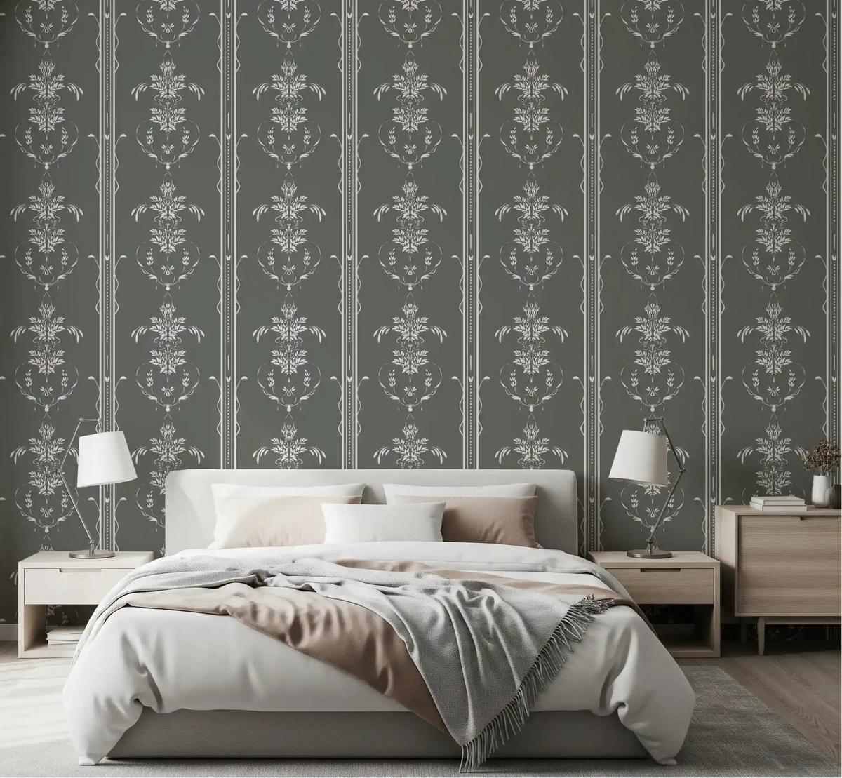 White damask stripes trace the bedroom on Cottagecore Gray Botanical wallpaper.