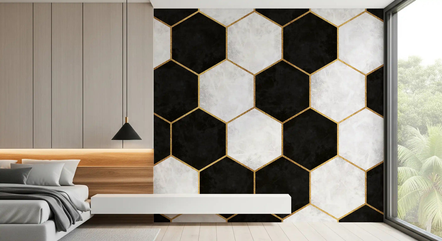 Black and White Luxe Hexagons Wall Mural