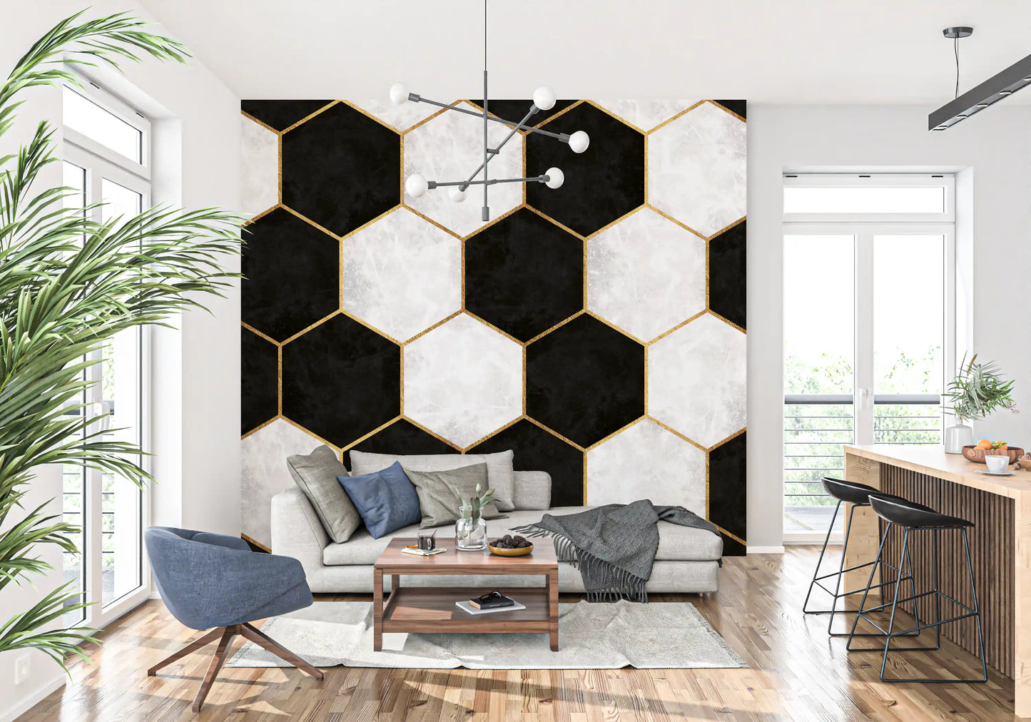 Black and White Luxe Hexagons Wall Mural