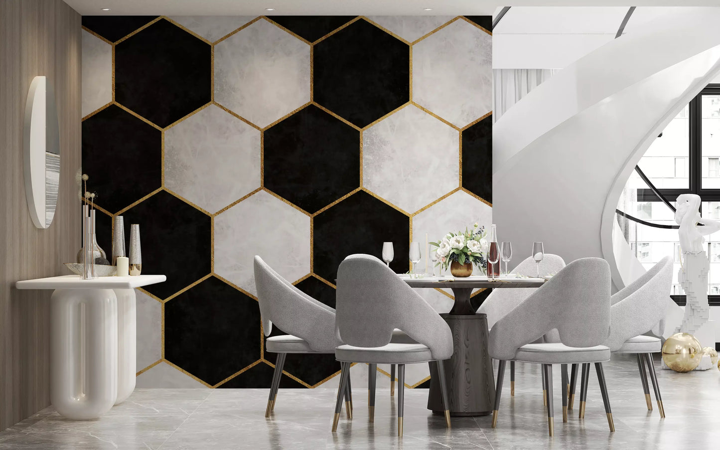 Black and White Luxe Hexagons Wall Mural