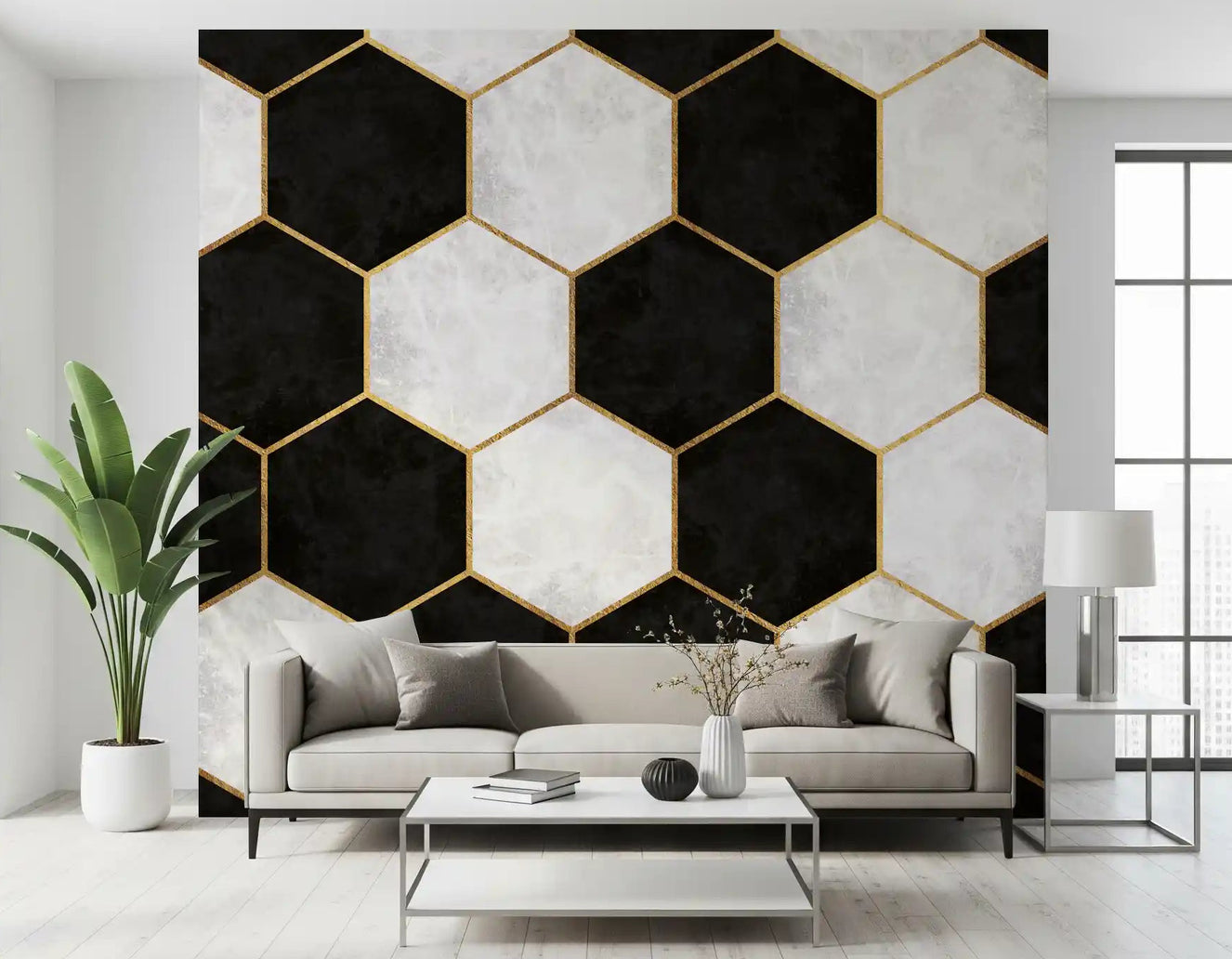 Hexagon wall mural in black, white and gold framing a modern living room space