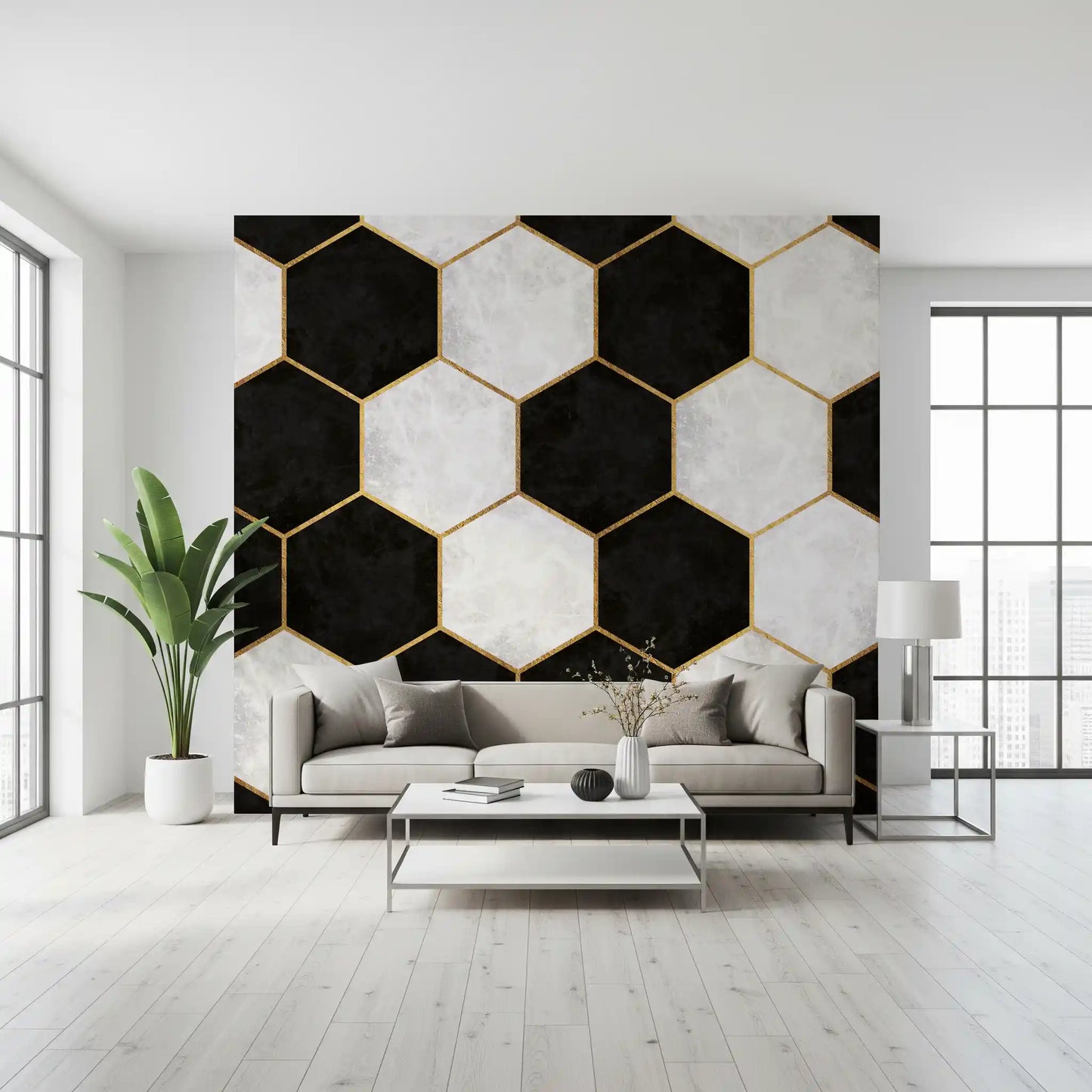Black and White Luxe Hexagons Wall Mural