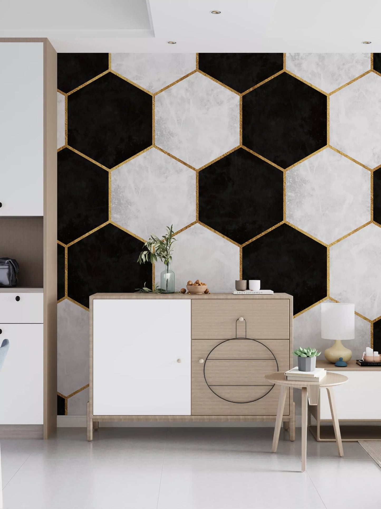 Black and White Luxe Hexagons Wall Mural