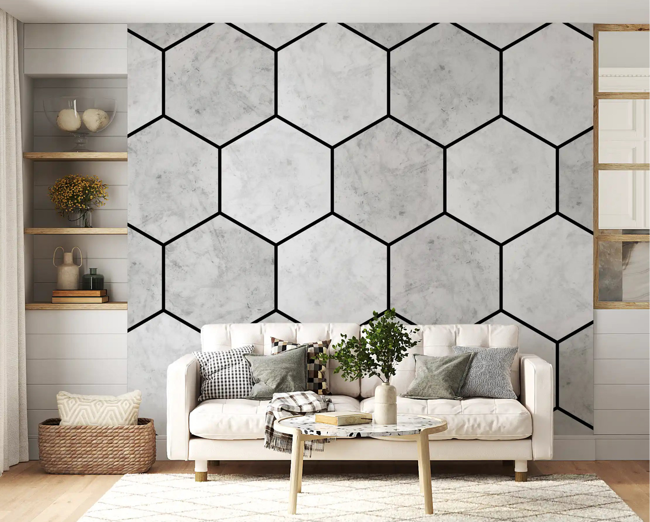 Soft marble hexagon wall mural set behind a relaxed living room space