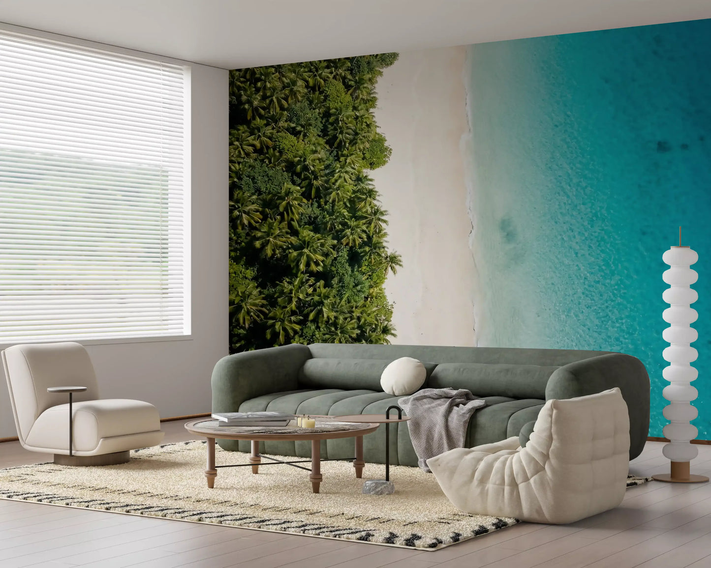 Coastal wall mural showing a dense palm forest meeting clear turquoise water