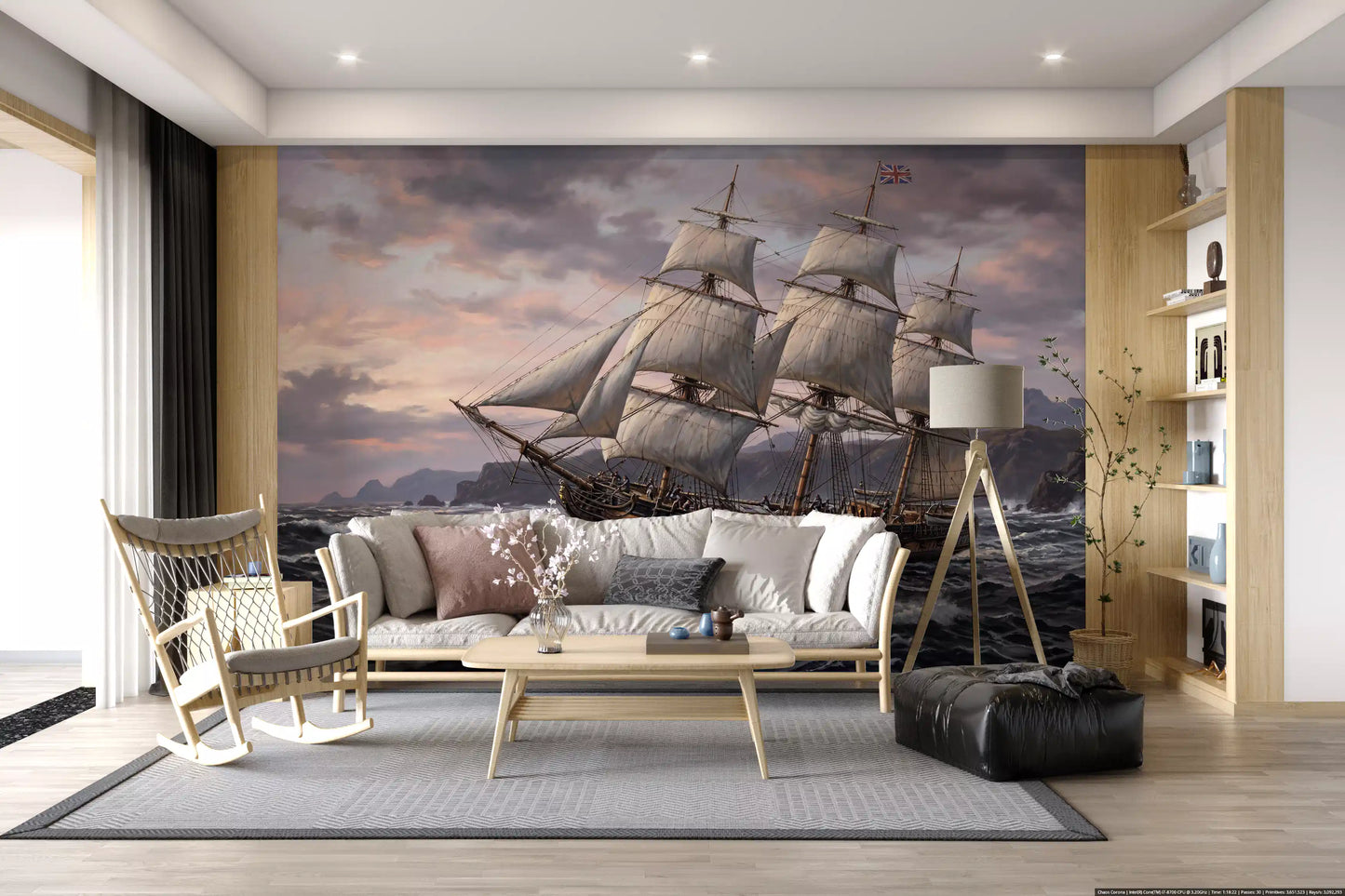 Living Sitting room paired with a maritime ship wall mural for a quiet, atmospheric mood.