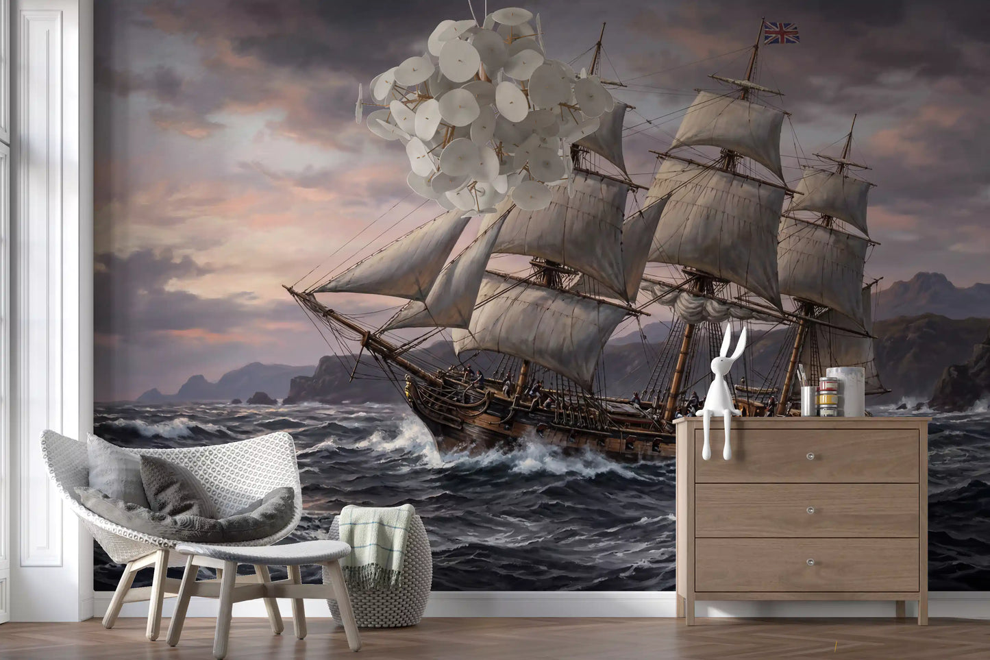 Tall sailing ship navigates stormy seas in this nautical wall mural scene.