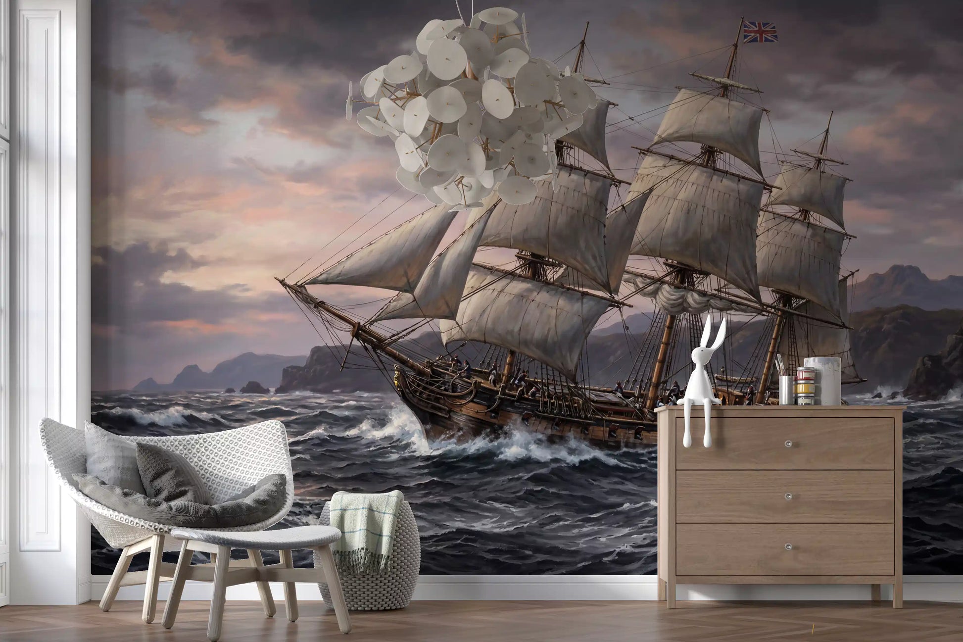 Tall sailing ship navigates stormy seas in this nautical wall mural scene.