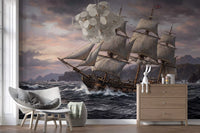 Tall sailing ship navigates stormy seas in this nautical wall mural scene.