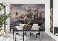 Painterly Grand Sail mural details rigging, sails, and crew on a wooden deck.