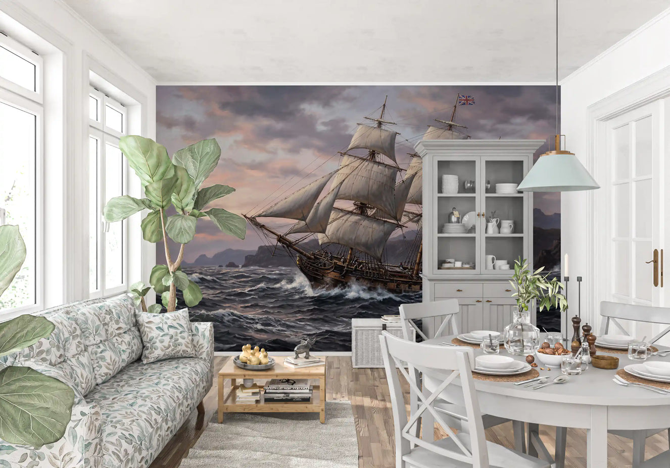 Dining area wears an Ocean's Majesty mural in soft sepia and stormy grey light.
