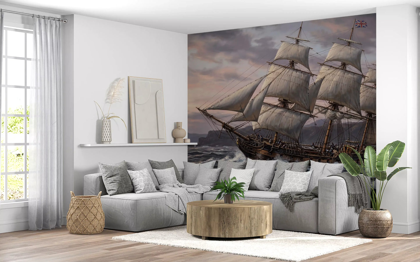 Living room backed by a Grand Sail wall mural in muted brown and rose hues.