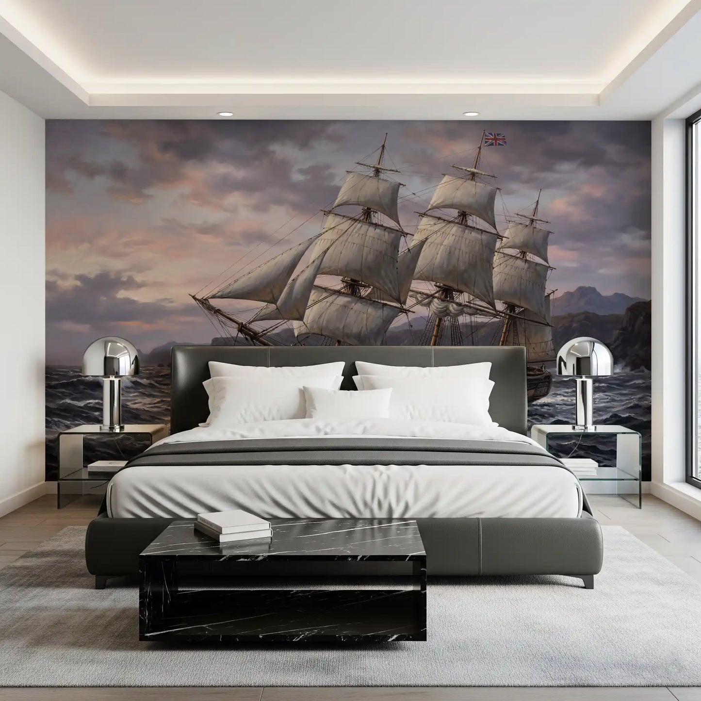 Ocean's Majesty wall mural shows a three-masted ship under a pastel sunset.