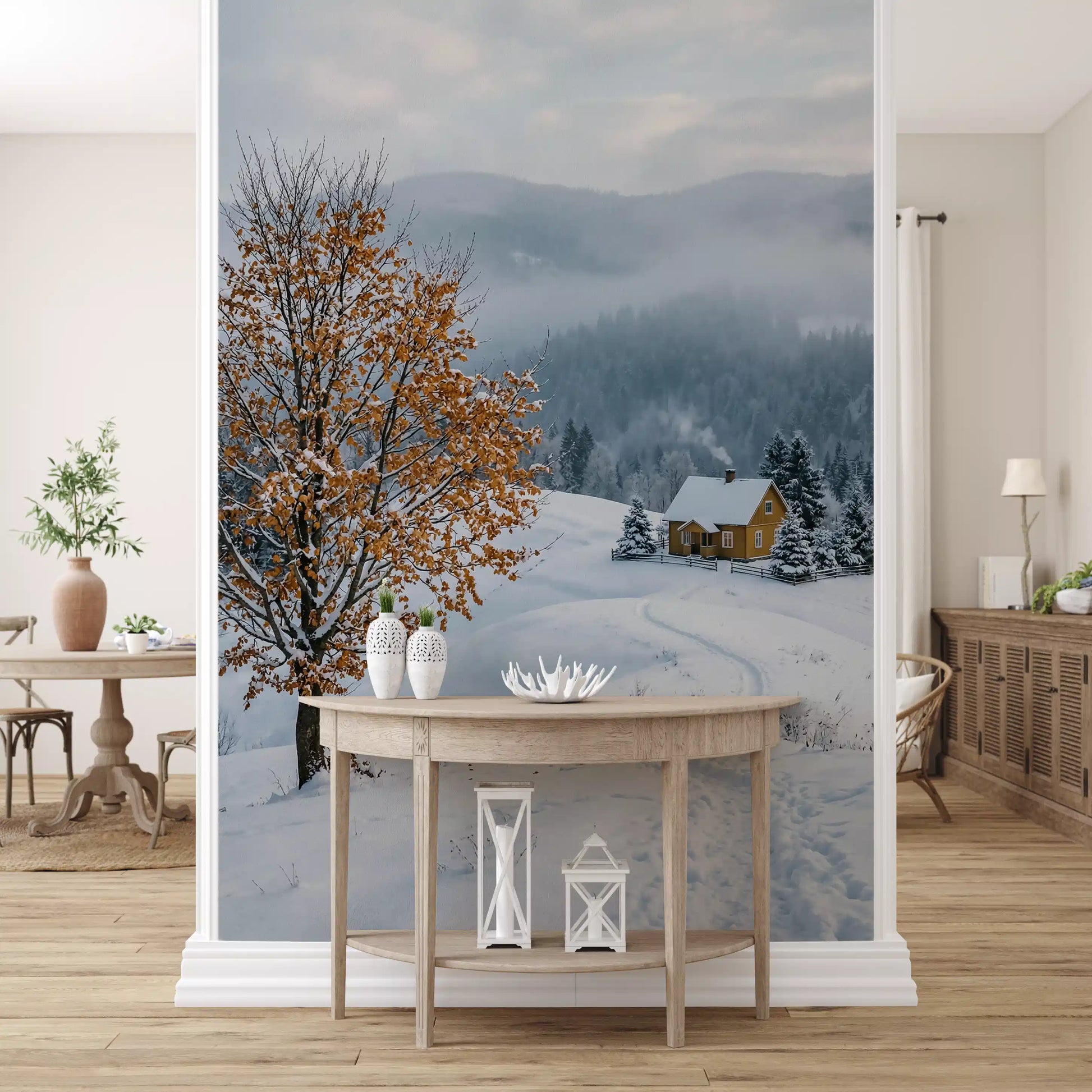 Kitchen-dining area stands in front of the golden tree winter wall mural