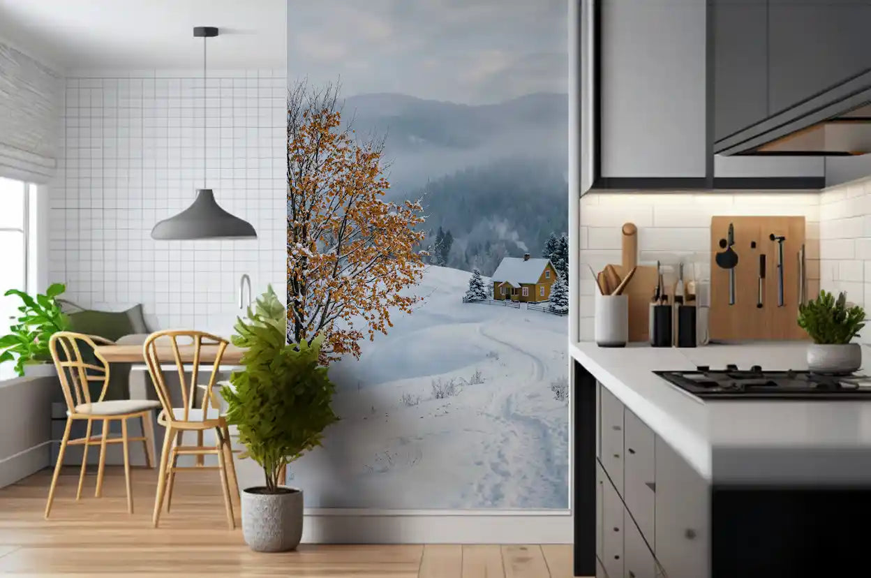 Behind the tree, foggy ridgelines roll away in the snowy haven wall mural scene