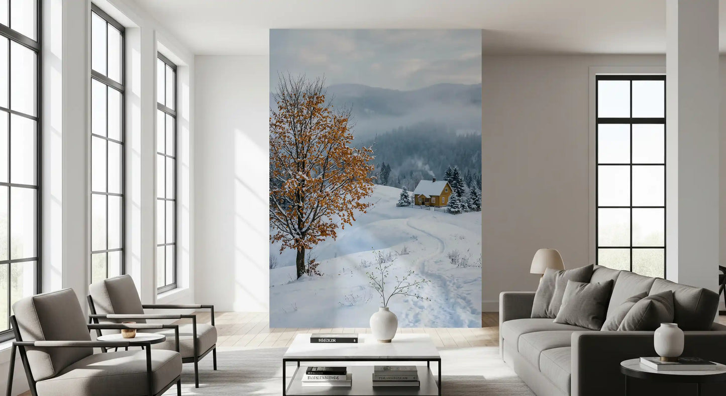 Faint footprints curve toward the cabin in this golden tree winter wall mural