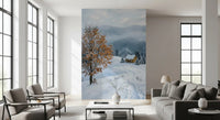 Faint footprints curve toward the cabin in this golden tree winter wall mural