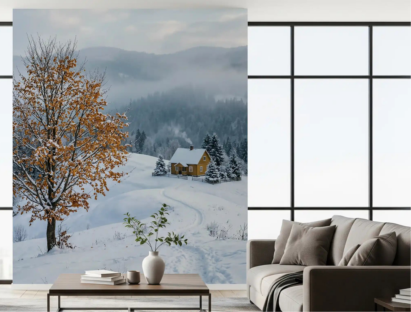 Golden tree and snowy haven wall mural set the tone in a calm green-toned living room