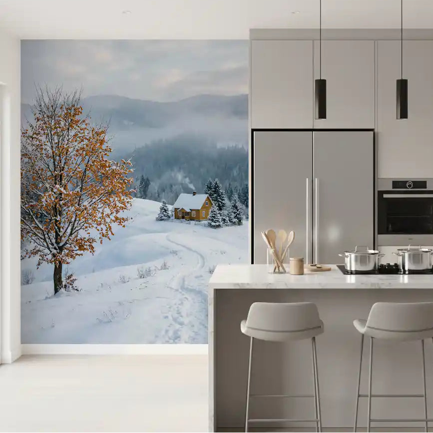 Snowy haven wall mural anchors the backdrop of a calm, open kitchen scene