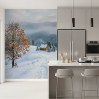 Snowy haven wall mural anchors the backdrop of a calm, open kitchen scene