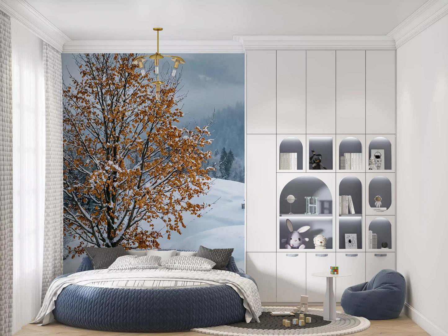 Bedroom takes on a quiet wintery mood with the golden tree wall mural in view