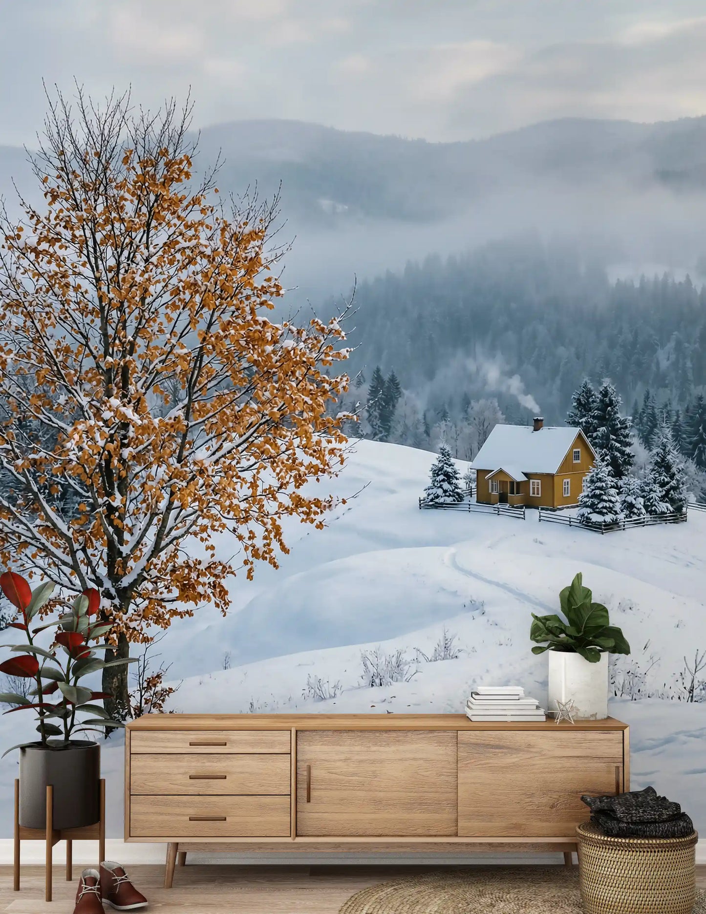Bright lounge opens around the snowy haven wall mural and its winter hills