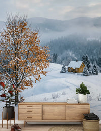 Bright lounge opens around the snowy haven wall mural and its winter hills