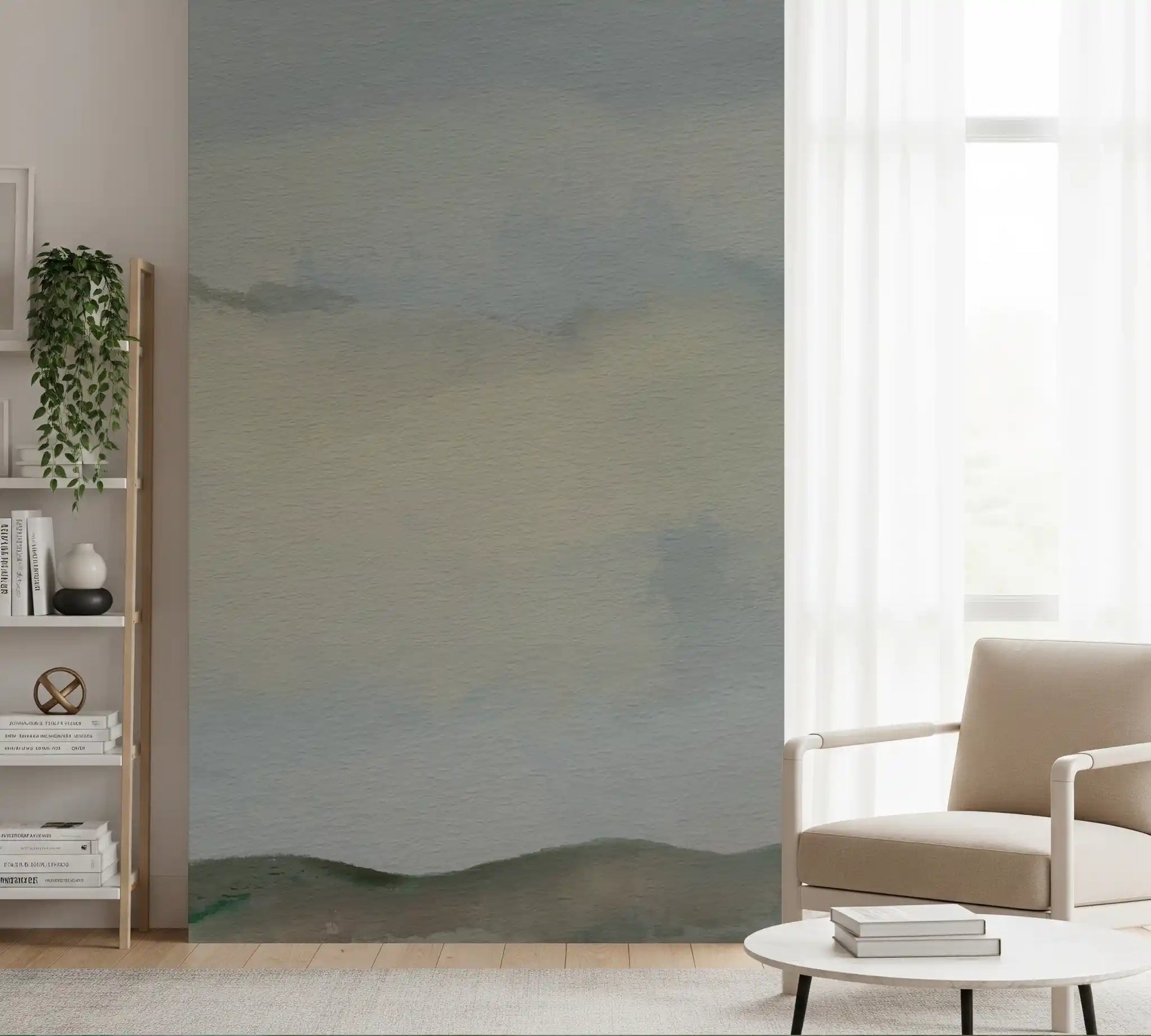 Living room lounge styled with serene hillside wall mural in muted greens