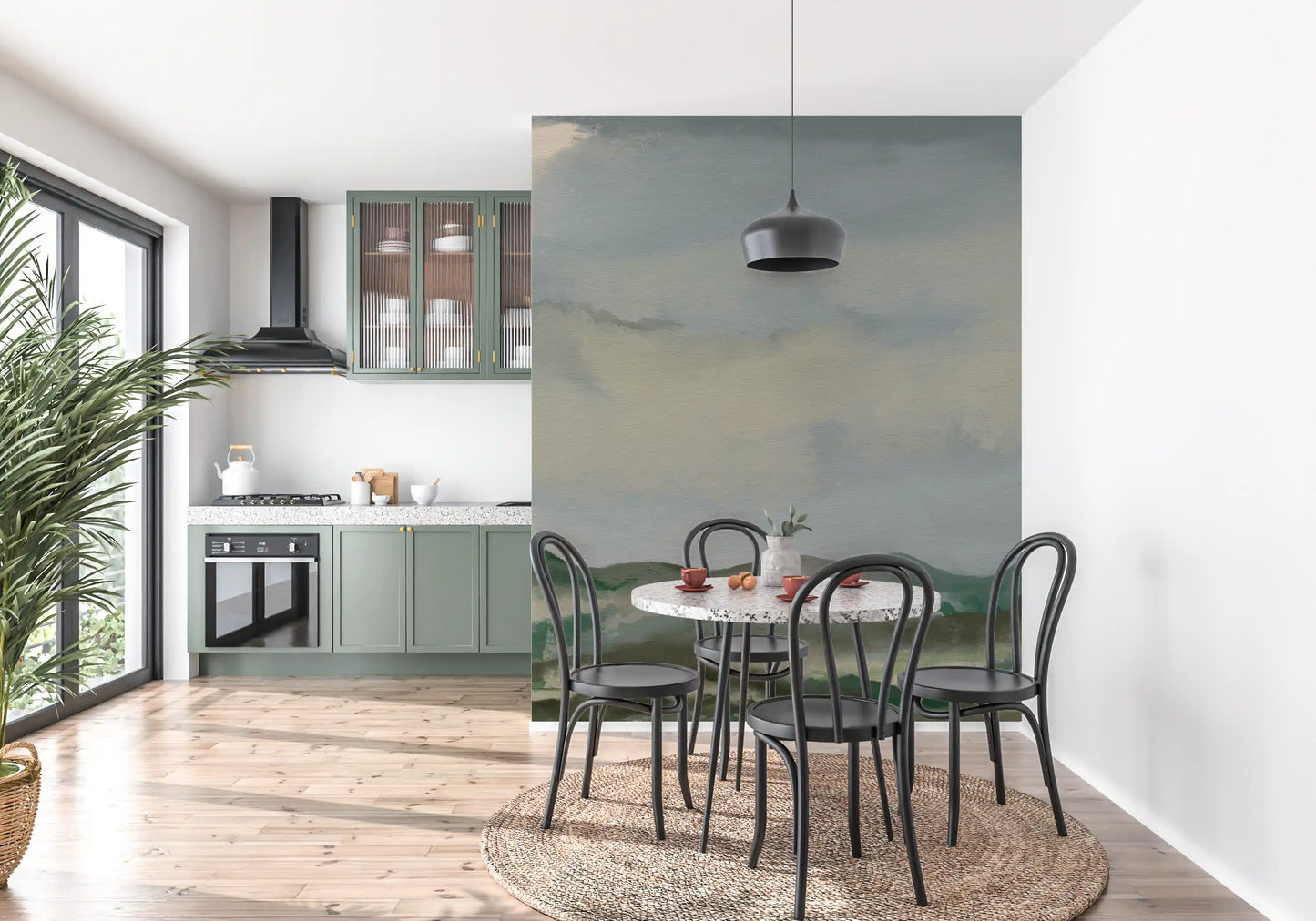 Dining room featuring hillside horizon wall mural with green and gray tones