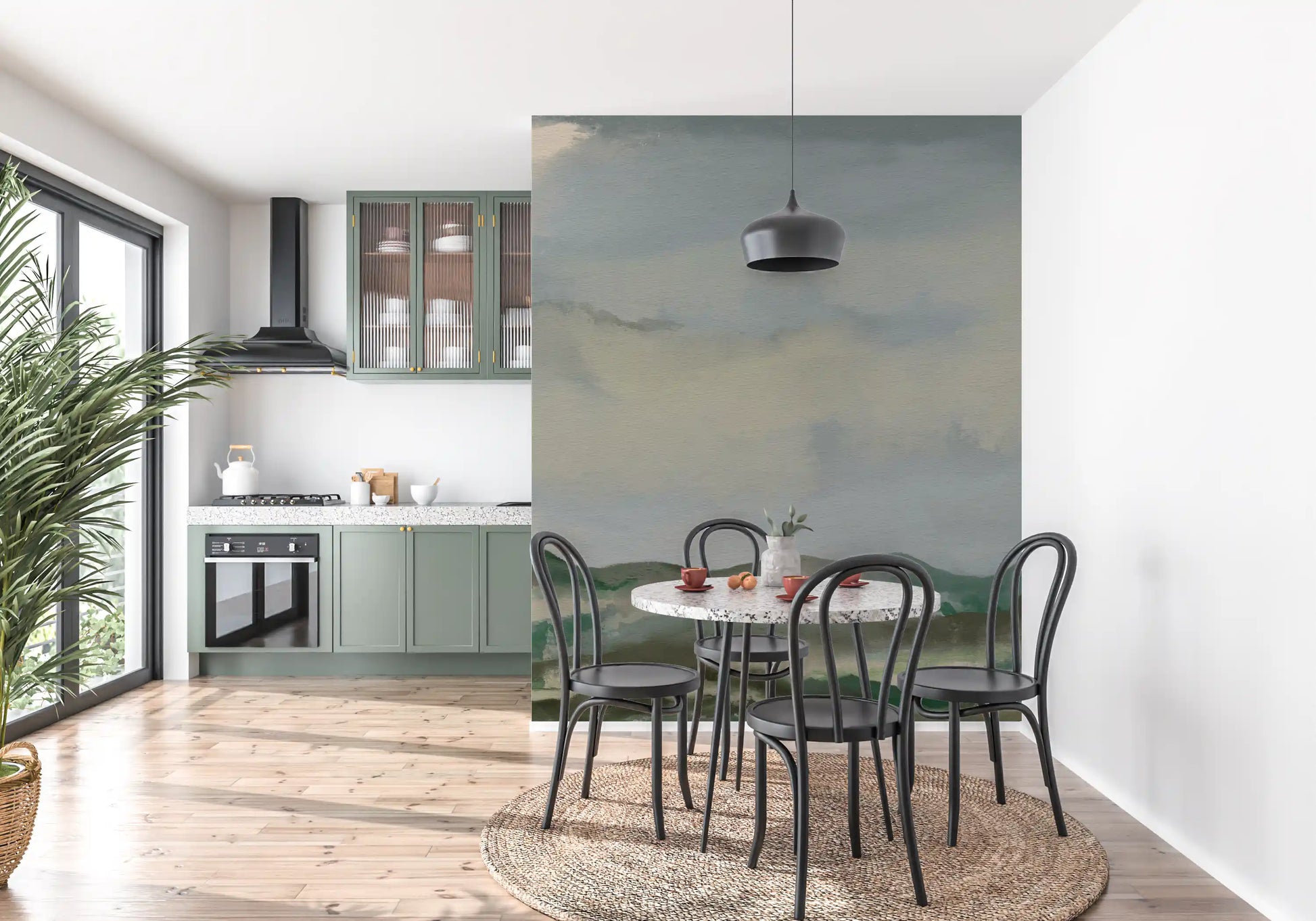 Dining room featuring hillside horizon wall mural with green and gray tones