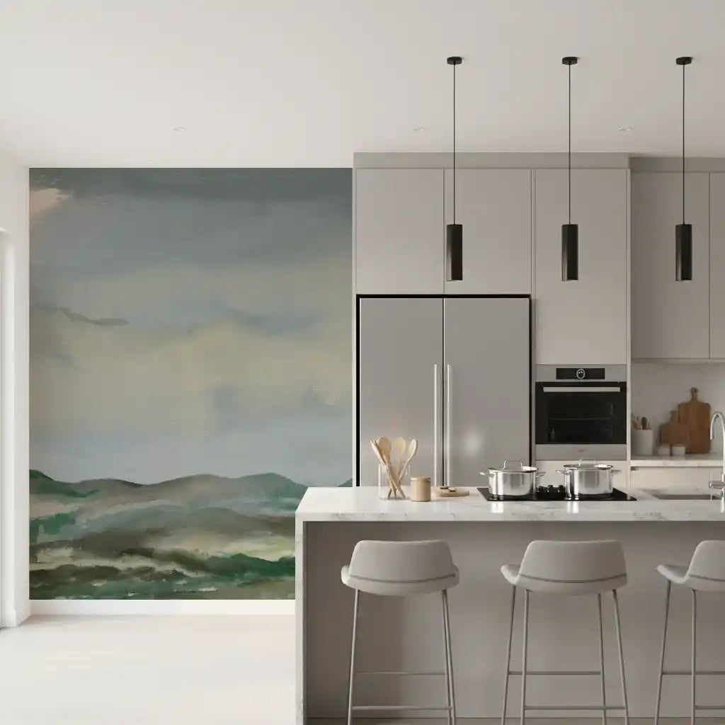 Misty hillside mural with soft gray skies and earthy mauve undertones