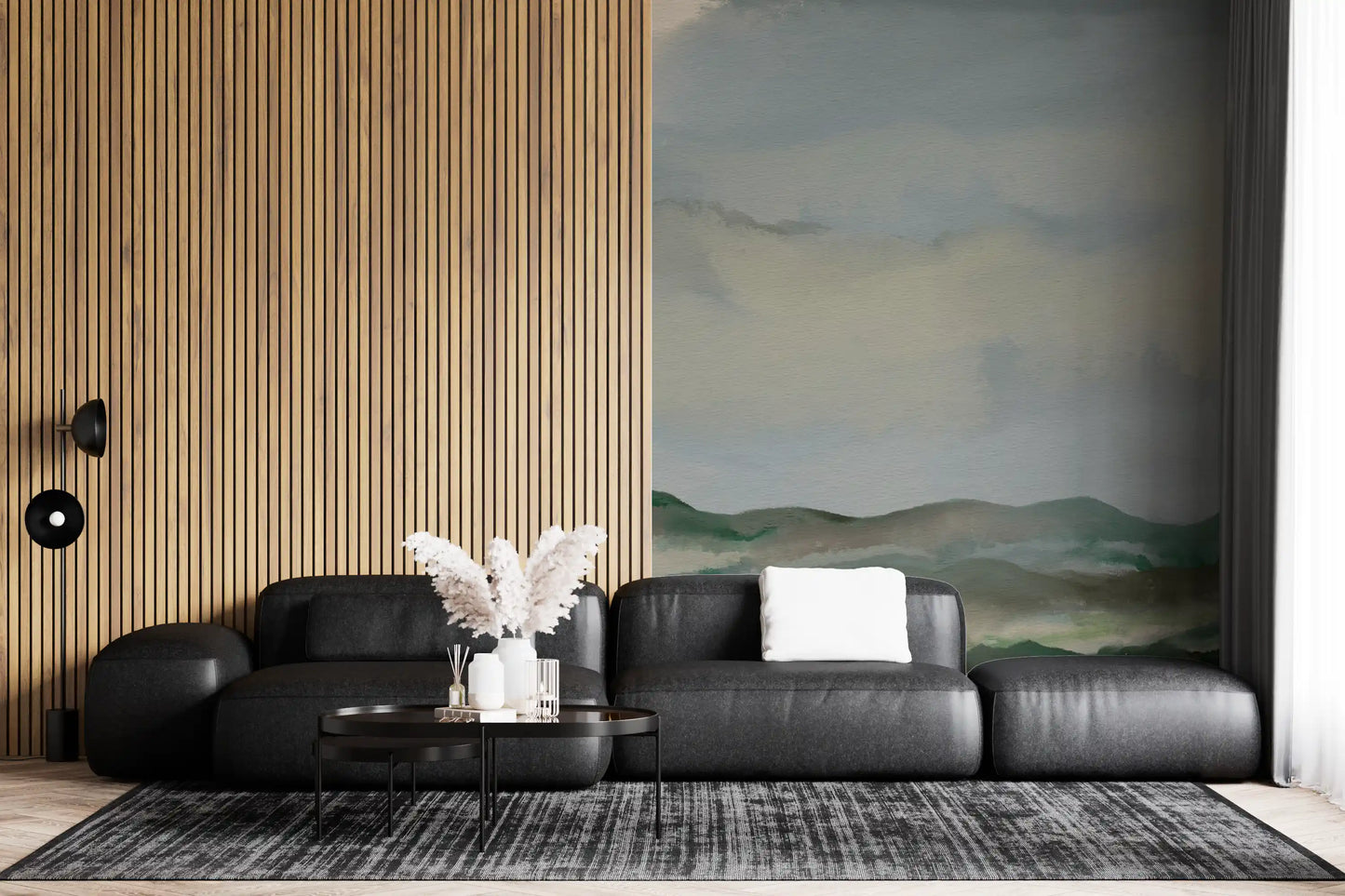 Living room covered in soft watercolor hillside horizon wall mural