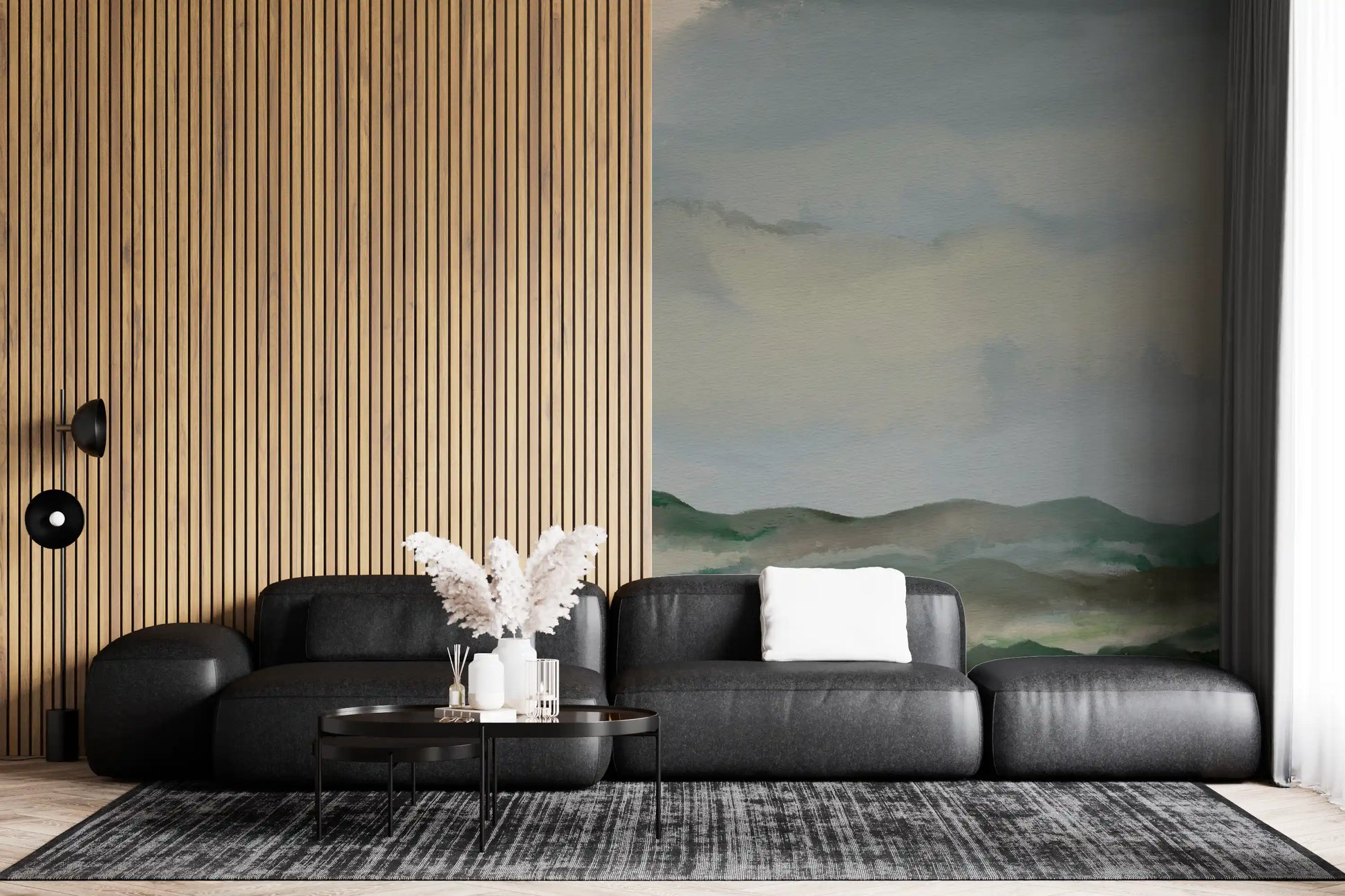 Living room covered in soft watercolor hillside horizon wall mural
