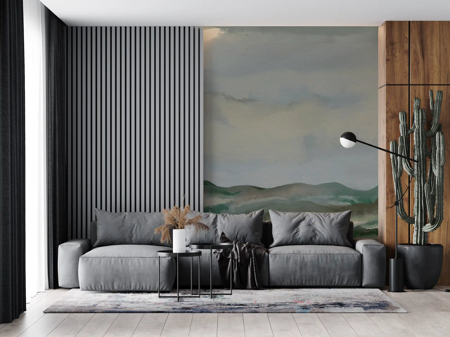 Serene horizon mural blending hand-brushed greens and muted neutrals