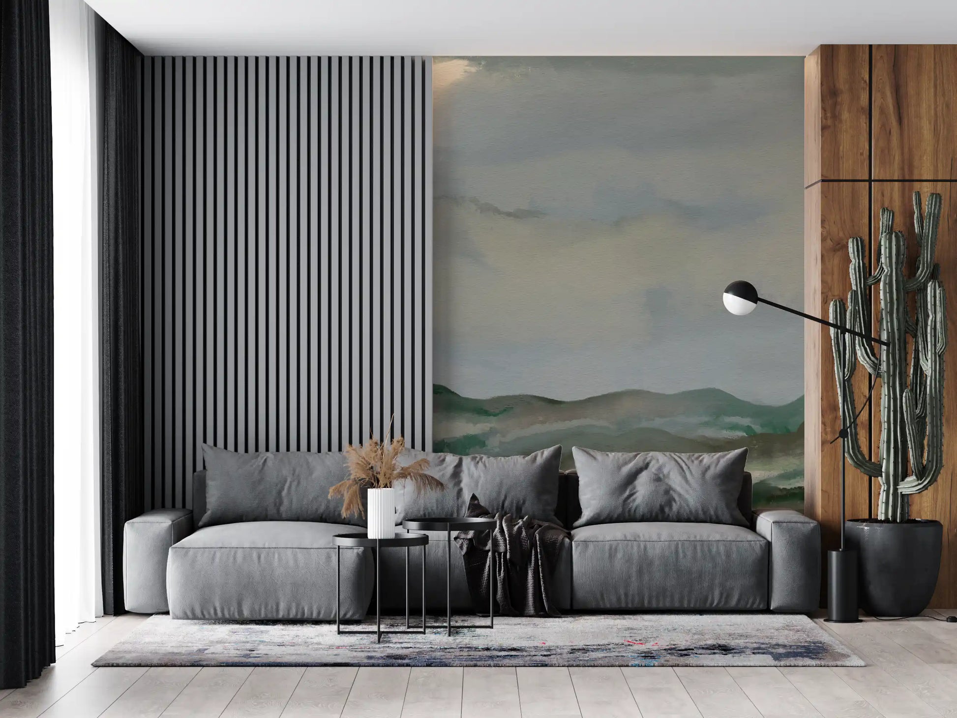 Serene horizon mural blending hand-brushed greens and muted neutrals