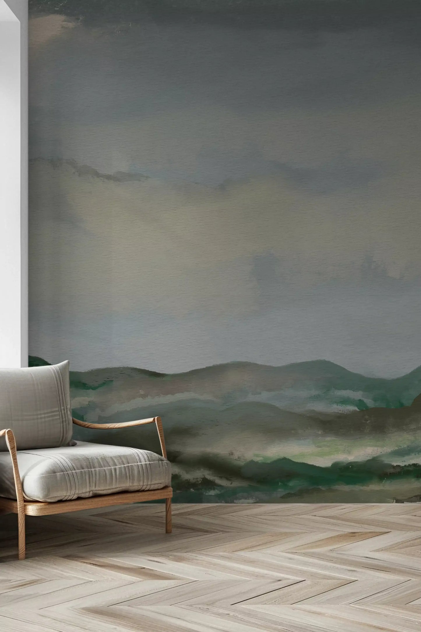 Watercolor hillside horizon mural with sage green hills and cloudy sky