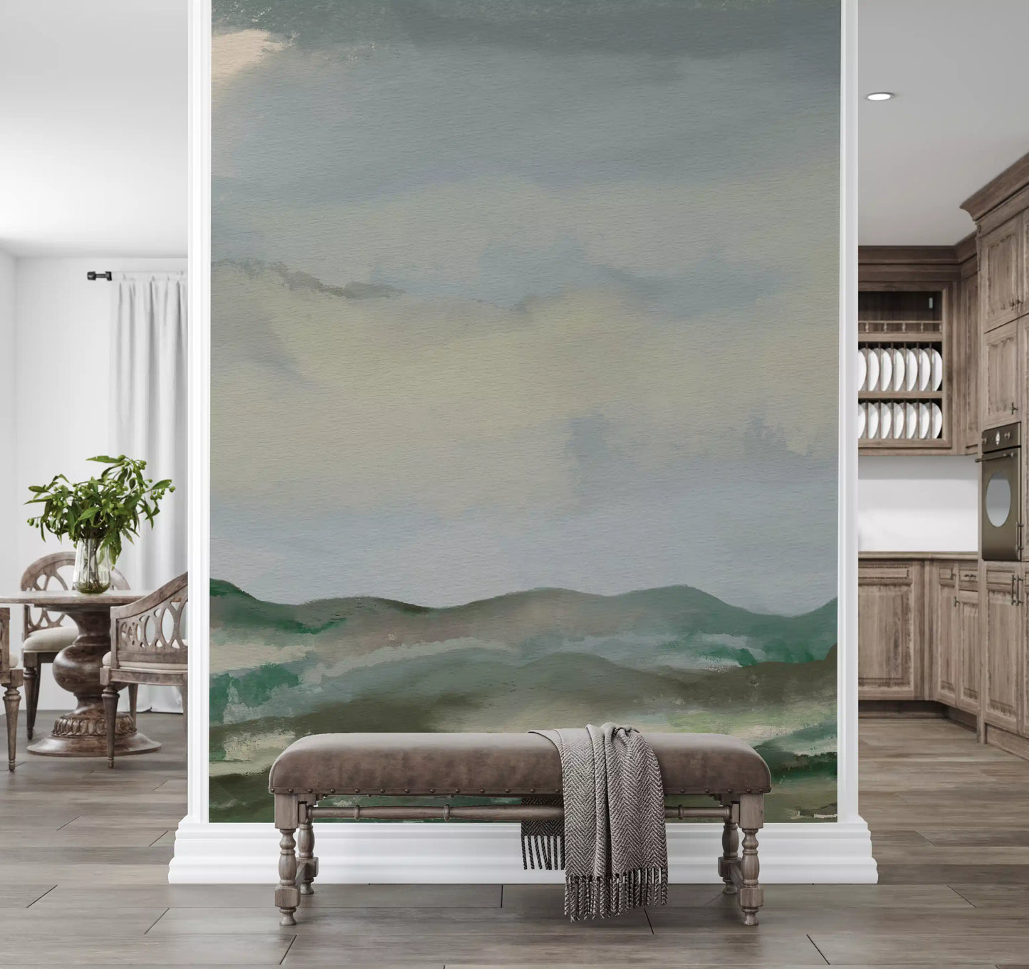 Hallway entryway brightened by serene horizon watercolor wall mural