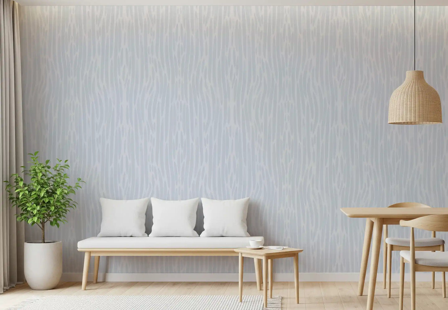 Dining room by gentle watercolor brushstroke wallpaper in cool gray wash.