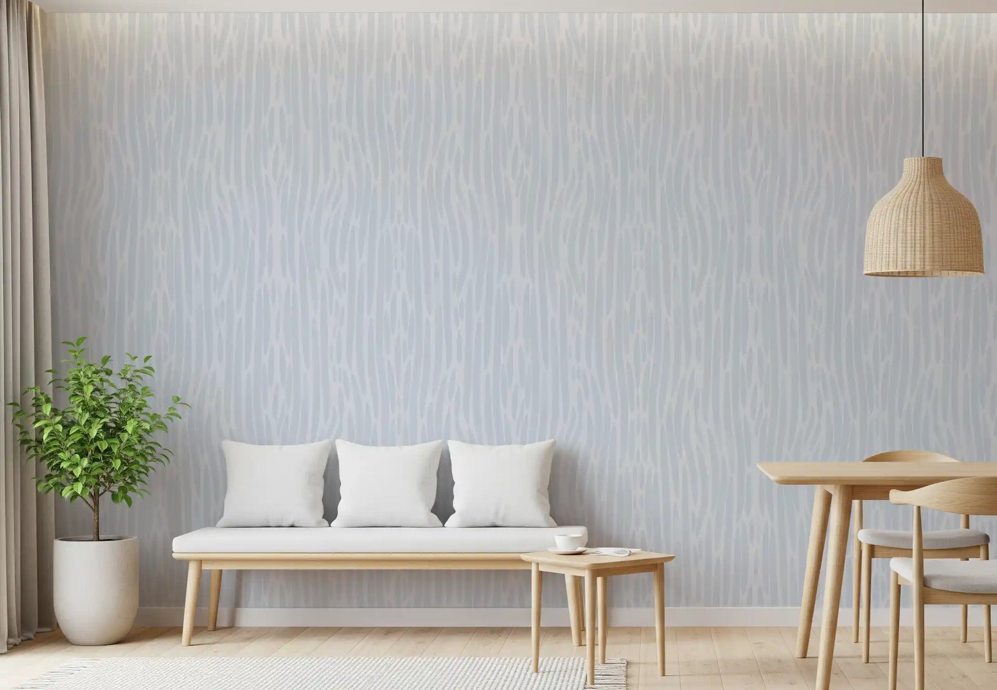 Dining room by gentle watercolor brushstroke wallpaper in cool gray wash.