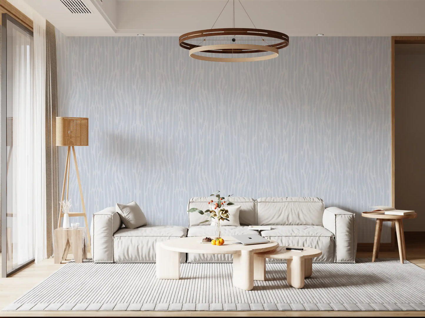 Living room carries soft watercolor strokes wallpaper for a calm, restful mood
