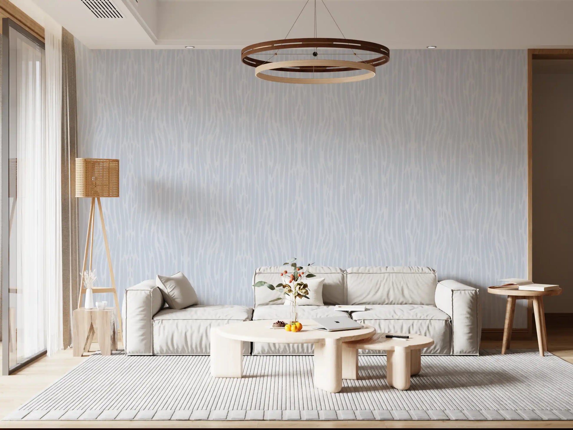 Living room carries soft watercolor strokes wallpaper for a calm, restful mood