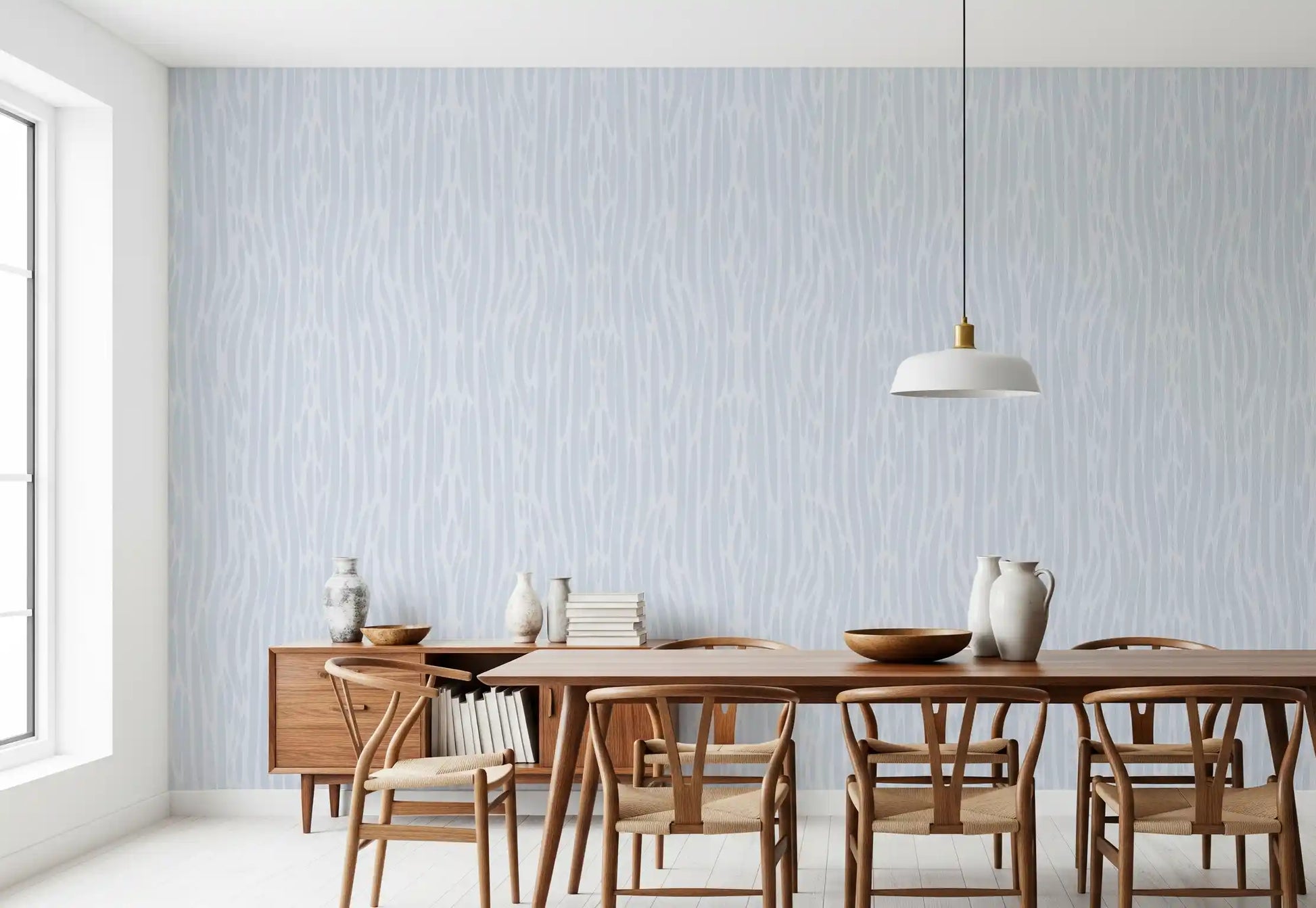 Dining room area styled with Subtle Gray Flow wallpaper for an airy, light look.