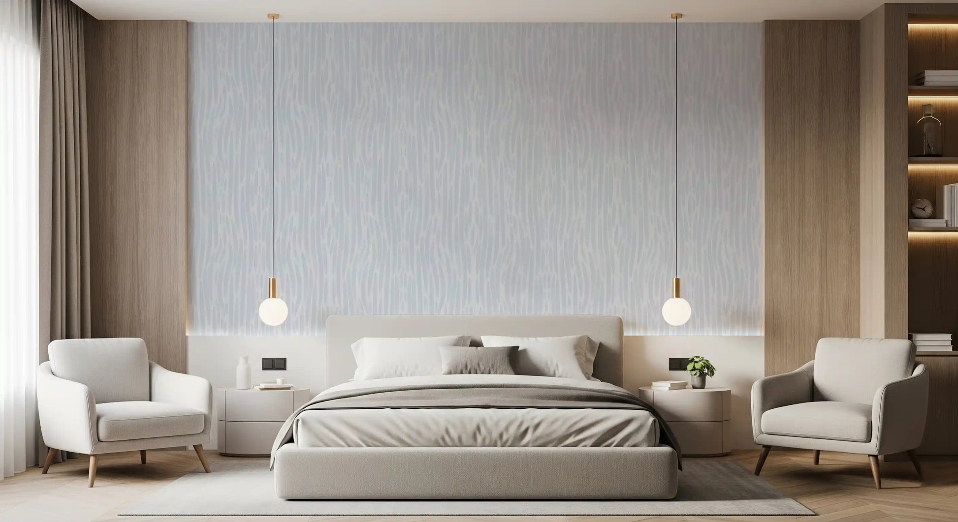 bedroom set against pale Subtle Gray Flow wallpaper with soft texture.