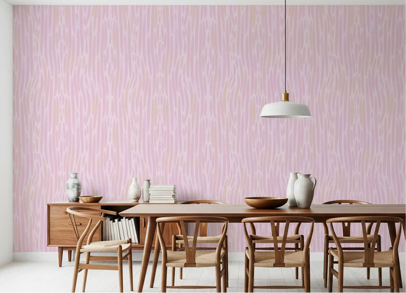 Ethereal Blush Strokes Watercolor Pink Wallpaper styling a soft dining room 
