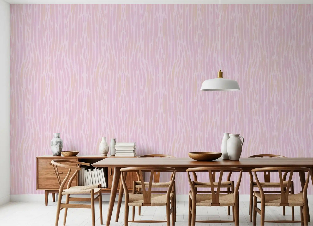 Ethereal Blush Strokes Watercolor Pink Wallpaper styling a soft dining room 
