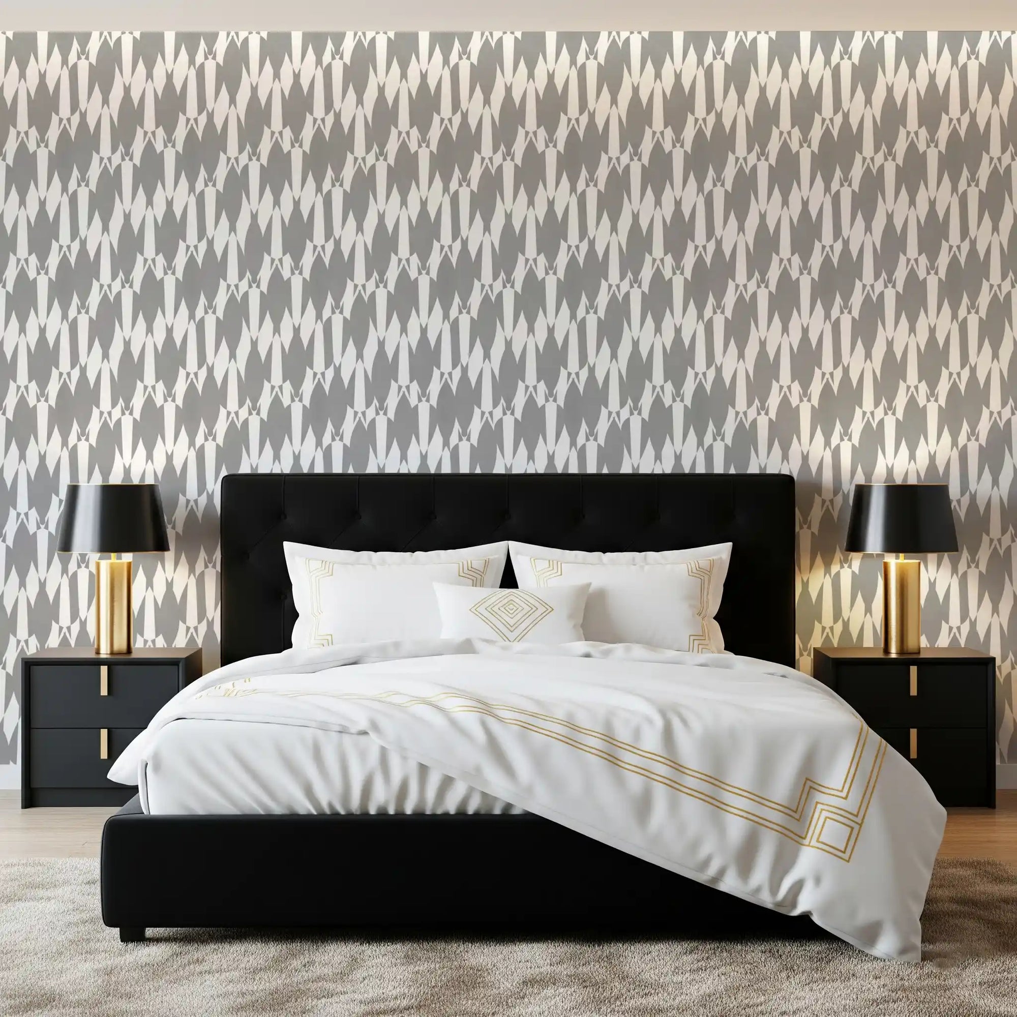 Bedroom styled with intricate teardrop geometric wallpaper in gray and white