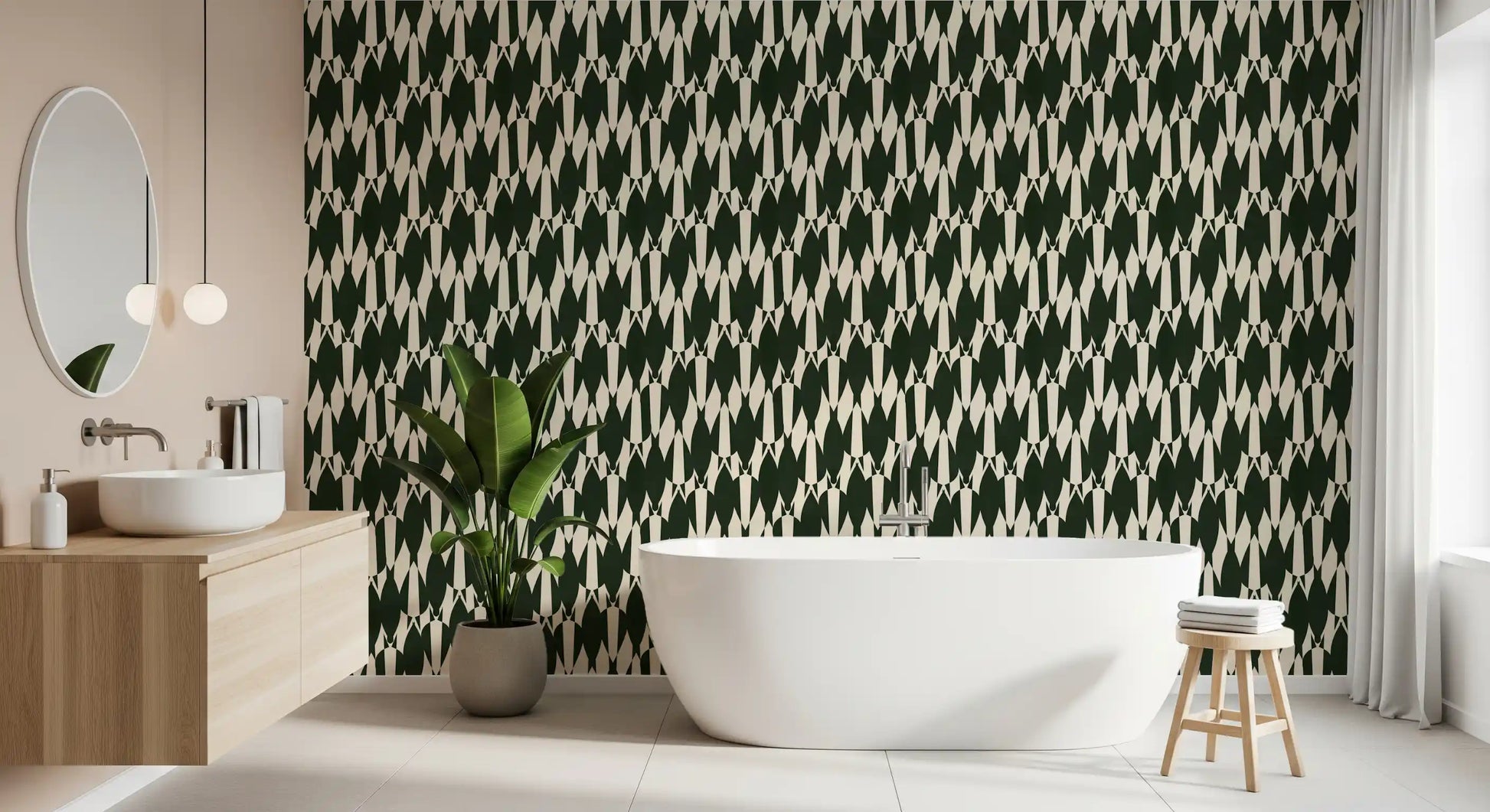 Interlocking crown crest wallpaper framing the bathroom in green and cream
