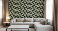 Forest green ground holds cream-colored stacked shapes on this crest pattern wallpaper