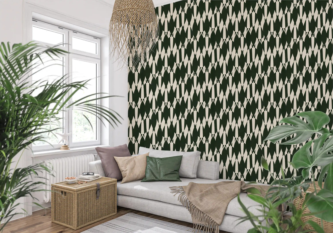 Modern Crest Pattern Green Cream  Wallpaper⁠