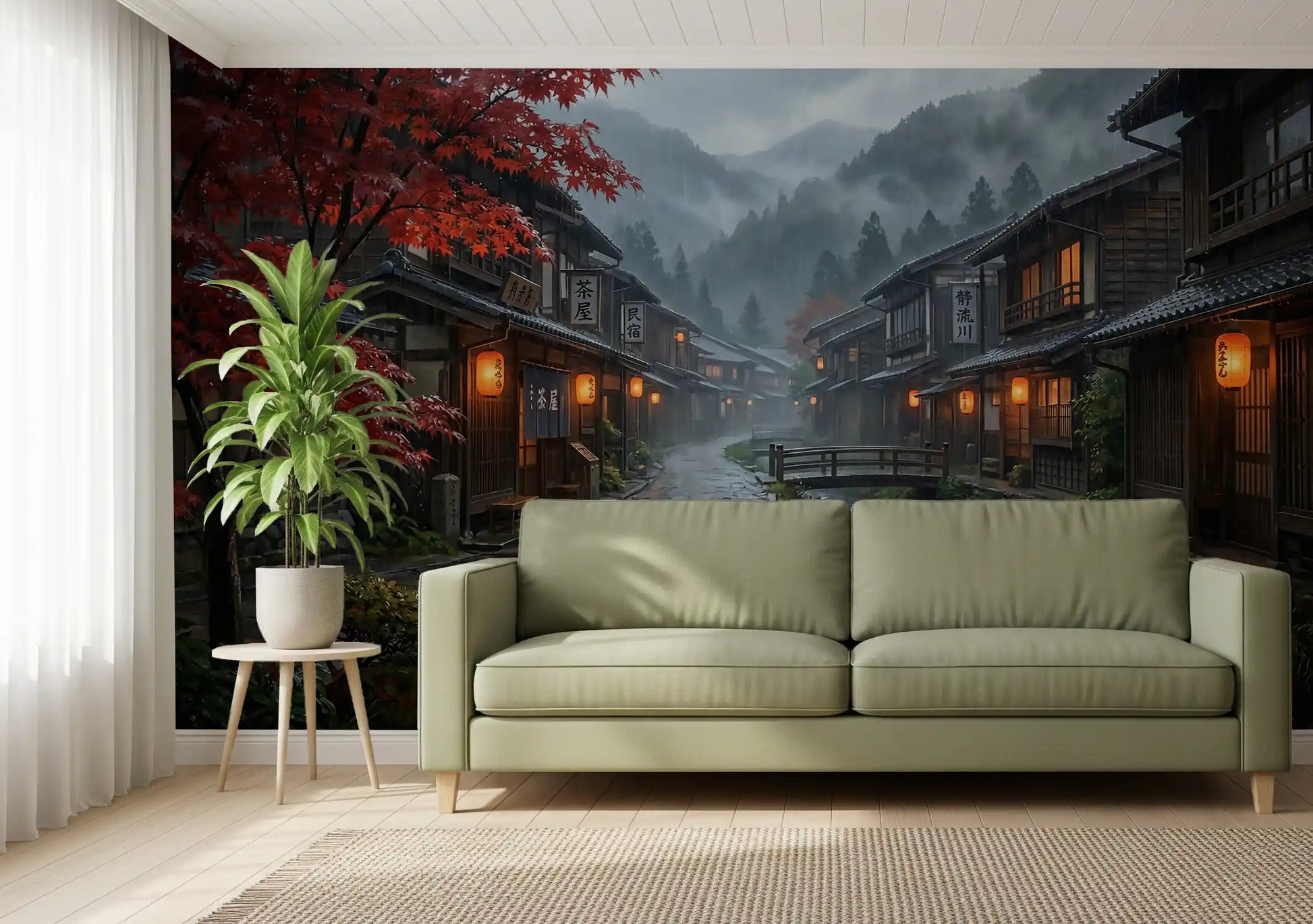A living room backdrop featuring the rainy Japanese village wall mural
